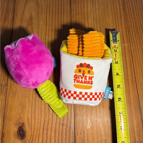 Bark Dog Toy Set Plush Pink Flower & Crinkle Fry Box Squeaker Crinkle Excellent - Picture 7 of 7
